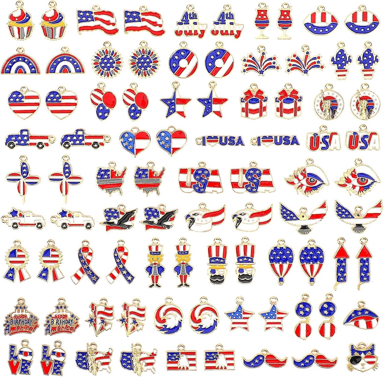 110Pcs Independence Day Charms, Patriotic Charms 4th of July Red White Blue Charm American Flag Charm for Bracelets Necklaces Earrings Making